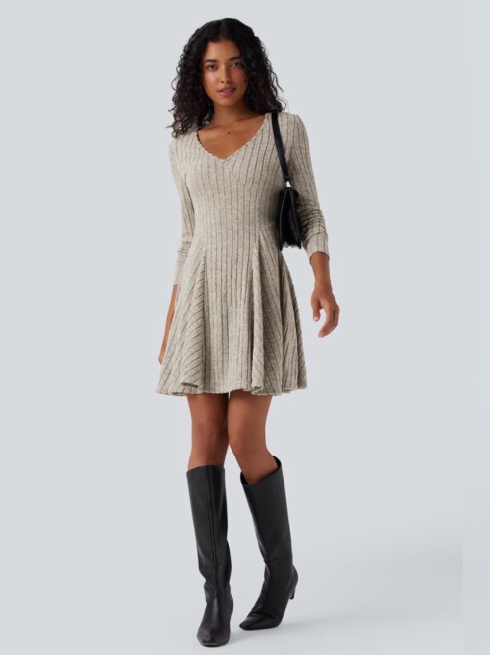 HALARA Ribbed Knit V Neck Long Sleeve Flare Mini Casual Dress XS